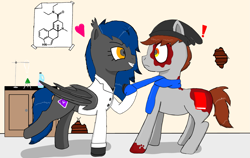 Size: 2939x1852 | Tagged: safe, artist:bockscarponer, oc, oc:bockscar, oc:xenon, bat pony, earth pony, pony, bat pony oc, beanie, chemistry, clothes, coat markings, drugs, exclamation point, female, femdom, hat, heart, lab coat, lsd, male, mare, scarf, stallion