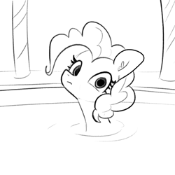 Size: 2250x2250 | Tagged: safe, artist:tjpones, pinkie pie, earth pony, pony, bridle gossip, g4, bath, female, fourth wall, high res, looking at you, mare, monochrome, simple background, solo, staring into your soul, white background