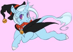Size: 2450x1750 | Tagged: safe, artist:slimeprnicess, trixie, pony, unicorn, g4, bowtie, curved horn, female, hat, horn, leg fluff, leonine tail, no pupils, prone, solo, witch costume, witch hat