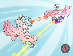 Size: 3500x2700 | Tagged: safe, artist:darkprinceismyname, cozy glow, princess flurry heart, alicorn, pony, g4, the ending of the end, alicornified, baby, beam struggle, cozycorn, diaper, duo, evil, female, fight, filly, flying, high res, laser, magic, pure concentrated unfiltered evil of the utmost potency, pure unfiltered evil, race swap