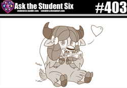 Size: 800x556 | Tagged: safe, artist:sintakhra, yona, yak, tumblr:studentsix, g4, adorable face, behaving like a dog, bow, cloven hooves, cuddly, cute, cuteness overload, daaaaaaaaaaaw, female, funny, hair bow, heart, looking at you, monkey swings, monochrome, mouth hold, scroll, silly, simple background, sintakhra is trying to murder us, solo, white background, yonadorable