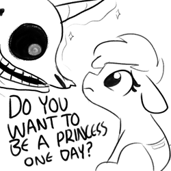 Size: 2250x2250 | Tagged: safe, artist:tjpones, part of a set, twilight sparkle, alicorn, earth pony, pony, skeleton pony, g4, bone, dialogue, eye contact, female, floppy ears, grayscale, high res, looking at each other, magic, mare, monochrome, simple background, skeleton, this will end in therapy, twilight sparkle (alicorn), white background