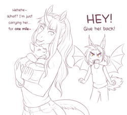 Size: 2703x2446 | Tagged: safe, artist:askbubblelee, oc, oc only, oc:rosie quartz, oc:victor bates, bat pony, cat, unicorn, anthro, angry, anthro oc, bat pony oc, carrying, clothes, dialogue, digital art, duo, female, high res, leonine tail, male, mare, simple background, sketch, smiling, stallion, vicsie, white background, yelling