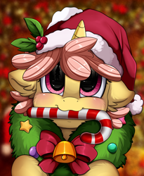 Size: 1446x1764 | Tagged: safe, artist:pridark, oc, oc only, unnamed oc, earth pony, pony, unicorn, bell, blushing, candy, candy cane, christmas, commission, cute, food, hat, holiday, mouth hold, ocbetes, patreon, pridark's christmas ponies, raffle winner, santa hat, solo, wreath, ych result