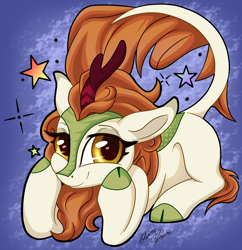 Size: 2202x2271 | Tagged: safe, artist:gleamydreams, autumn blaze, kirin, g4, awwtumn blaze, blue background, cute, female, high res, kirinbetes, looking at you, prone, raised tail, simple background, solo, stars, tail