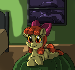 Size: 2248x2108 | Tagged: safe, artist:smirk, apple bloom, pony, g4, bed, bedroom, female, filly, high res, looking at you, night, ominous, shadows, solo, window