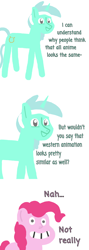 Size: 1996x5615 | Tagged: safe, artist:gamedevanon, lyra heartstrings, pinkie pie, earth pony, pony, unicorn, g4, anime, calarts, comic, dialogue, female, horn, looking at you, mare, simple background, steven quartz universe, steven universe, style emulation, uncanny valley, white background