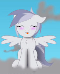 Size: 600x736 | Tagged: safe, artist:bastbrushie, part of a set, oc, oc:sølvfor, pegasus, pony, animated, blushing, female, mare, monochrome, sitting, solo, spread wings, tongue out, wings