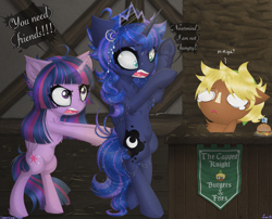 Size: 3793x3066 | Tagged: safe, artist:darkest-lunar-flower, princess luna, quarter hearts, twilight sparkle, alicorn, earth pony, pony, semi-anthro, g4, arm hooves, burger, chest fluff, do not want, fangs, flag of equestria, food, hay burger, high res, hungry, introversion, link, pushing, socially awkward, stomach noise, tavern, the legend of zelda, twilight sparkle (alicorn)