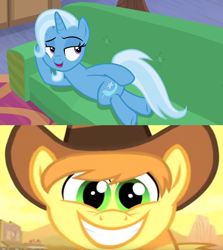 Size: 1280x1436 | Tagged: safe, edit, edited screencap, screencap, braeburn, trixie, g4, over a barrel, road to friendship, crack shipping, draw me like one of your french girls, female, male, shipping, shipping domino, straight, trixburn