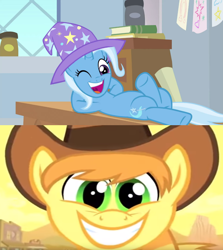 Size: 1280x1436 | Tagged: safe, edit, edited screencap, screencap, braeburn, trixie, g4, magic duel, over a barrel, crack shipping, female, male, shipping, shipping domino, straight, trixburn, wrong aspect ratio