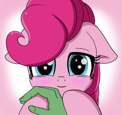 Size: 3700x3500 | Tagged: safe, artist:undisputed, pinkie pie, oc, oc:anon, human, g4, blushing, cute, diapinkes, friendshipping, hand, high res, hoof hold, offscreen character, pov, smiling, smiling at you