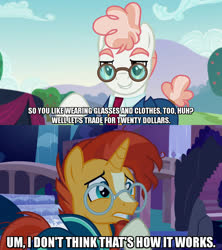 Size: 1280x1440 | Tagged: safe, sunburst, svengallop, earth pony, pony, unicorn, g4, student counsel, the mane attraction, caption, clothes, glasses, image macro, male, meme, stallion, sunburst's glasses, text