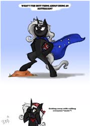 Size: 1024x1428 | Tagged: source needed, safe, artist:assassin-or-shadow, oc, oc only, oc:silhouette, pony, unicorn, australia, bandana, bipedal, bust, cape, clothes, comic, dialogue, eyepatch, horn, signature, smiling, unicorn oc