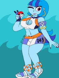 Size: 1932x2576 | Tagged: safe, artist:c_w, sonata dusk, equestria girls, g4, belly button, big breasts, breasts, busty sonata dusk, clothes, cosplay, costume, ear piercing, earring, eyeshadow, feet, jewelry, makeup, nail polish, nails, nessa, pendant, piercing, plump, pokemon sword and shield, pokémon, smiling at you, thighs, tongue out, winking at you
