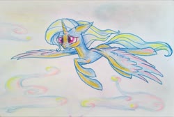 Size: 3254x2182 | Tagged: safe, artist:mysteriousshine, trixie, alicorn, pony, g4, alicornified, cloud, female, flying, high res, mare, race swap, solo, traditional art