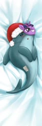 Size: 600x1799 | Tagged: artist needed, source needed, safe, oc, oc:santa pone, shark, :o, blushing, christmas, disguise, grin, hat, holiday, lidded eyes, looking at you, on back, open mouth, santa hat, smiling, sticky note, teary eyes, twilight sparkle mask, wat