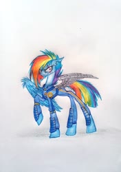 Size: 1996x2834 | Tagged: safe, artist:mysteriousshine, rainbow dash, pegasus, pony, g4, alternate timeline, amputee, apocalypse dash, armor, artificial wings, augmented, crystal war timeline, eye scar, female, grin, insanity, prosthetic limb, prosthetic wing, prosthetics, raised hoof, scar, smiling, solo, torn ear, wings