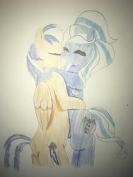 Size: 4032x3024 | Tagged: safe, artist:carlos324, sugarcoat, oc, oc:carlos, oc:lightning burn, earth pony, pegasus, pony, g4, bipedal, canon x oc, duo, equestria girls ponified, eyes closed, hug, hugs and kisses, pegasus oc, ponified, shipping, standing, traditional art