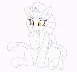 Size: 4096x3839 | Tagged: safe, artist:pabbley, the sphinx, sphinx, g4, cats doing cat things, claws, egyptian, egyptian headdress, fangs, female, licking, monochrome, open mouth, partial color, paws, simple background, sitting, smiling, solo, sphinxdorable, tongue out, white background