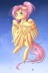 Size: 2000x3000 | Tagged: safe, artist:ashleyjaneworld, fluttershy, pegasus, pony, g4, alternate hairstyle, blushing, chest fluff, ear fluff, female, floppy ears, flower, flower in hair, gradient background, heart eyes, high res, leaf, looking at you, mare, ponytail, solo, spread wings, stray strand, three quarter view, wingding eyes, wings