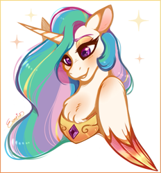 Size: 659x709 | Tagged: safe, artist:esmeia, princess celestia, alicorn, pony, g4, bust, chest fluff, colored ears, colored wings, cute, cutelestia, female, mare, peytral, portrait, simple background, solo, sparkles, two toned wings, white background, wings