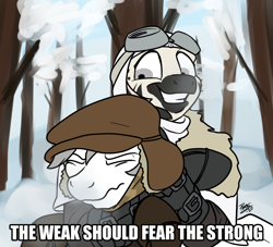 Size: 1100x1000 | Tagged: safe, artist:potes, oc, oc only, pegasus, pony, zebra, chokehold, female, frostpunk, male, rapeface, the weak should fear the strong, this will end in rape, winter