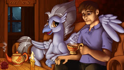 Size: 1920x1080 | Tagged: safe, artist:eztp, sky beak, oc, classical hippogriff, hippogriff, human, fanfic:the lost element, bonding time, candle, fanfic art, food, hug, indoors, male, missing accessory, moonlight, night, sad, tea, teapot