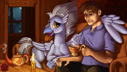 Size: 1920x1080 | Tagged: safe, artist:eztp, sky beak, oc, classical hippogriff, hippogriff, human, fanfic:the lost element, g4, bonding time, candle, fanfic art, food, hug, indoors, male, missing accessory, moonlight, night, sad, tea, teapot