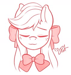 Size: 1357x1437 | Tagged: safe, artist:ratofdrawn, applejack, earth pony, pony, g4, :3, alternate hairstyle, blushing, bow, bowtie, bust, cute, eyes closed, female, hair bow, jackabetes, loose hair, mare, partial color, portrait, simple background, smiling, solo, white background