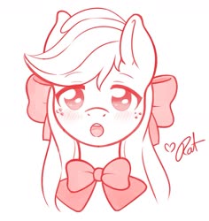 Size: 1357x1437 | Tagged: safe, artist:ratofdrawn, applejack, earth pony, pony, g4, :o, alternate hairstyle, blushing, bow, bowtie, bust, cute, female, hair bow, jackabetes, looking at you, loose hair, mare, no pupils, open mouth, partial color, portrait, simple background, solo, white background