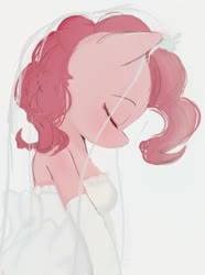 Size: 763x1024 | Tagged: safe, artist:manachaaaaaaaa, pinkie pie, earth pony, anthro, g4, clothes, cute, diapinkes, dress, eyes closed, female, gloves, head down, long gloves, pixiv, profile, smiling, solo, strapless, wedding dress, wedding veil