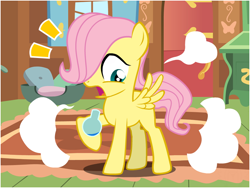 Size: 800x600 | Tagged: safe, artist:flash equestria photography, fluttershy, pegasus, pony, g4, age regression, bottle, butterscotch, colt, fluttershy's cottage, implied age regression, indoors, male, open mouth, potion, rule 63, show accurate, solo, surprised