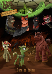 Size: 1716x2442 | Tagged: safe, artist:olafski, artist:promilie, oc, oc only, oc:brimstone blitz, oc:chainlink shackles, oc:littlepip, oc:murky, oc:protege, oc:red eye, oc:unity, oc:wicked slit, oc:xenith, cyborg, earth pony, pegasus, pony, unicorn, zebra, fallout equestria, fallout equestria: murky number seven, clothes, cover art, cutie mark, cyber eye, eyes closed, fanfic, fanfic art, fanfic cover, female, fillydelphia, floating, glowing horn, grin, gritted teeth, hooves, horn, jumpsuit, knife, levitation, looking down, magic, male, mare, open mouth, pipbuck, raised hoof, ruins, scar, self-levitation, shackles, smiling, smirk, stallion, standing, teeth, telekinesis, text, vault suit, wasteland