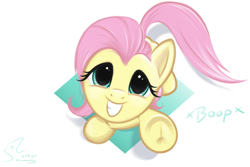 Size: 4500x3000 | Tagged: safe, artist:fladdrarblyg, fluttershy, pegasus, pony, g4, abstract background, boop, cute, female, frog (hoof), high res, looking at you, mare, shyabetes, smiling, solo, underhoof