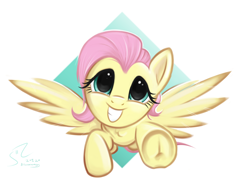 Size: 4700x3400 | Tagged: safe, alternate version, artist:fladdrarblyg, fluttershy, pegasus, pony, g4, abstract background, cute, female, frog (hoof), high res, looking at you, mare, shyabetes, smiling, solo, spread wings, underhoof, wings
