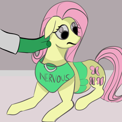 Size: 800x800 | Tagged: safe, artist:anonymous, fluttershy, oc, oc:anon, pegasus, pony, g4, 4chan, behaving like a dog, clothes, communicoat, drawthread, floppy ears, flutterdog, hand, nervous, offscreen character, pet, ponified, ponified animal photo, vest