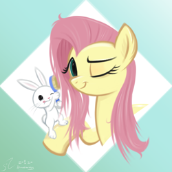 Size: 2791x2791 | Tagged: safe, artist:fladdrarblyg, angel bunny, fluttershy, pony, g4, abstract background, brush, brushing, bust, cute, duo, female, hairbrush, high res, looking at you, mare, messy mane, one eye closed, portrait, shyabetes, smiling, tongue out