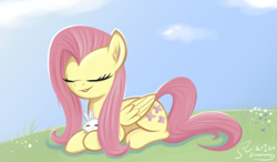 Size: 4200x2453 | Tagged: safe, artist:fladdrarblyg, angel bunny, fluttershy, pegasus, pony, g4, cute, duo, eyes closed, female, high res, mare, prone, shyabetes, smiling