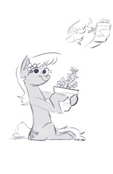 Size: 1650x2550 | Tagged: safe, artist:imsokyo, lily, lily valley, earth pony, pony, g4, 4chan, drawthread, female, flower, mare, monochrome, plant pot, sitting, smiling, solo