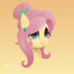 Size: 3800x3800 | Tagged: safe, artist:fladdrarblyg, fluttershy, pony, g4, alternate hairstyle, bust, cute, ear fluff, ear piercing, earring, female, high res, jewelry, mare, neck fluff, orange background, piercing, portrait, shyabetes, simple background, smiling, solo