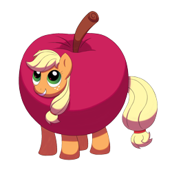 Size: 1200x1200 | Tagged: safe, artist:koigato, applejack, earth pony, pony, g4, apple, apple costume, clothes, costume, cute, female, food, food costume, jackabetes, mare, silly, silly pony, simple background, smiling, solo, that pony sure does love apples, transparent background, who's a silly pony