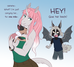 Size: 2703x2446 | Tagged: safe, artist:askbubblelee, oc, oc only, oc:rosie quartz, oc:victor bates, bat pony, cat, unicorn, anthro, angry, anthro oc, bat pony oc, carrying, clothes, dialogue, digital art, duo, eyeshadow, female, high res, leonine tail, makeup, male, mare, simple background, smiling, stallion, vicsie, yelling