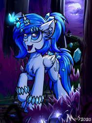 Size: 1500x2000 | Tagged: safe, artist:movieskywalker, derpibooru exclusive, oc, oc only, alicorn, fairy, pony, chest fluff, evening, female, forest, ice, open mouth, scenery, solo, walking