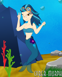 Size: 1864x2328 | Tagged: safe, artist:cyber-murph, indigo zap, mermaid, equestria girls, g4, belly, belly button, bikini, breasts, cleavage, clothes, coral, ear piercing, flowing hair, goggles, mermaidized, midriff, one eye closed, peace sign, piercing, rock, scales, seaweed, signature, species swap, swimsuit, underwater, wink