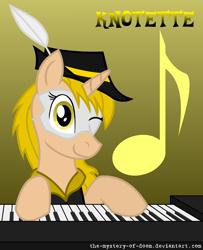 Size: 1024x1258 | Tagged: safe, artist:the-mystery-of-doom, oc, oc only, pony, unicorn, clothes, cutie mark background, feather, female, gradient background, hat, horn, mare, mask, musical instrument, one eye closed, piano, text, unicorn oc, wink