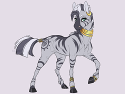 Size: 1280x960 | Tagged: safe, artist:dementra369, zecora, pony, zebra, g4, accessory, bracelet, collar, ear piercing, earring, female, gold, hoers, jewelry, leg rings, looking at you, mare, mohawk, neck rings, piercing, realistic horse legs, simple background, solo, straight hair, stripes, tail ring, white background