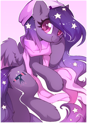 Size: 2480x3508 | Tagged: safe, artist:share dast, oc, oc only, oc:star universe, pegasus, pony, beanie, clothes, cute, ear fluff, ethereal mane, ethereal wings, female, hat, high res, leg fluff, looking at you, mare, night, night sky, scarf, simple background, sky, smiling, smiling at you, solo, starry mane, transparent background, wings