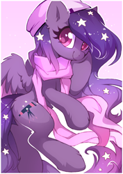 Size: 2480x3508 | Tagged: safe, alternate version, artist:share dast, oc, oc only, oc:star universe, pegasus, pony, beanie, clothes, cute, ethereal mane, ethereal wings, female, hat, high res, looking at you, mare, night, night sky, scarf, simple background, sky, smiling, smiling at you, wings