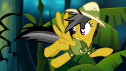 Size: 1280x720 | Tagged: safe, screencap, daring do, pegasus, pony, daring doubt, g4, clothes, female, flying, hat, pith helmet, shirt, solo